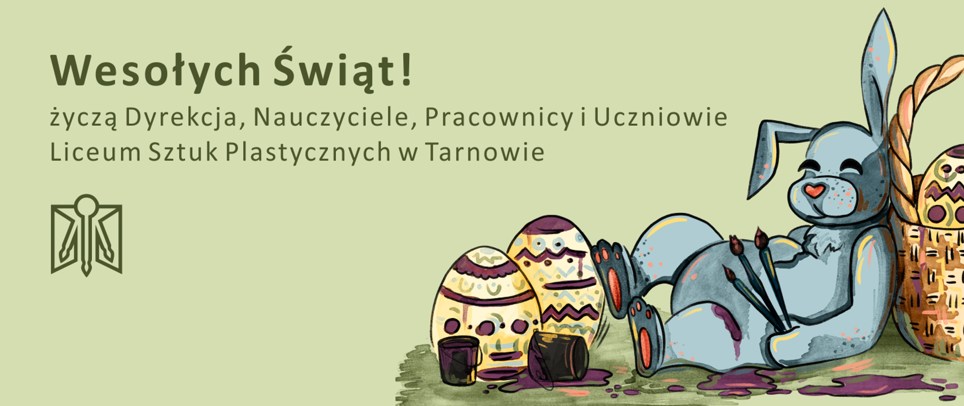 Kartka w kształcie poziomego prostokąta. Dół kartki zajmuje zielona trawa, nad nią grafika w kolorze niebieskim, pomarańczowym, różowym, fioletowym, żółtym, zielonym, brązowym i czarnym przedstawiająca zająca, malowane jajka, puszki po farbie i wiklinowy kosz. U góry po lewej stronie w kolorze zielonym życzenia wielkanocne: „Wesołych Świąt!" życzą Dyrekcja, Nauczyciele, Pracownicy i Uczniowie Liceum Sztuk plastycznych w Tarnowie. Pod życzeniami logo szkoły w kolorze zielonym.