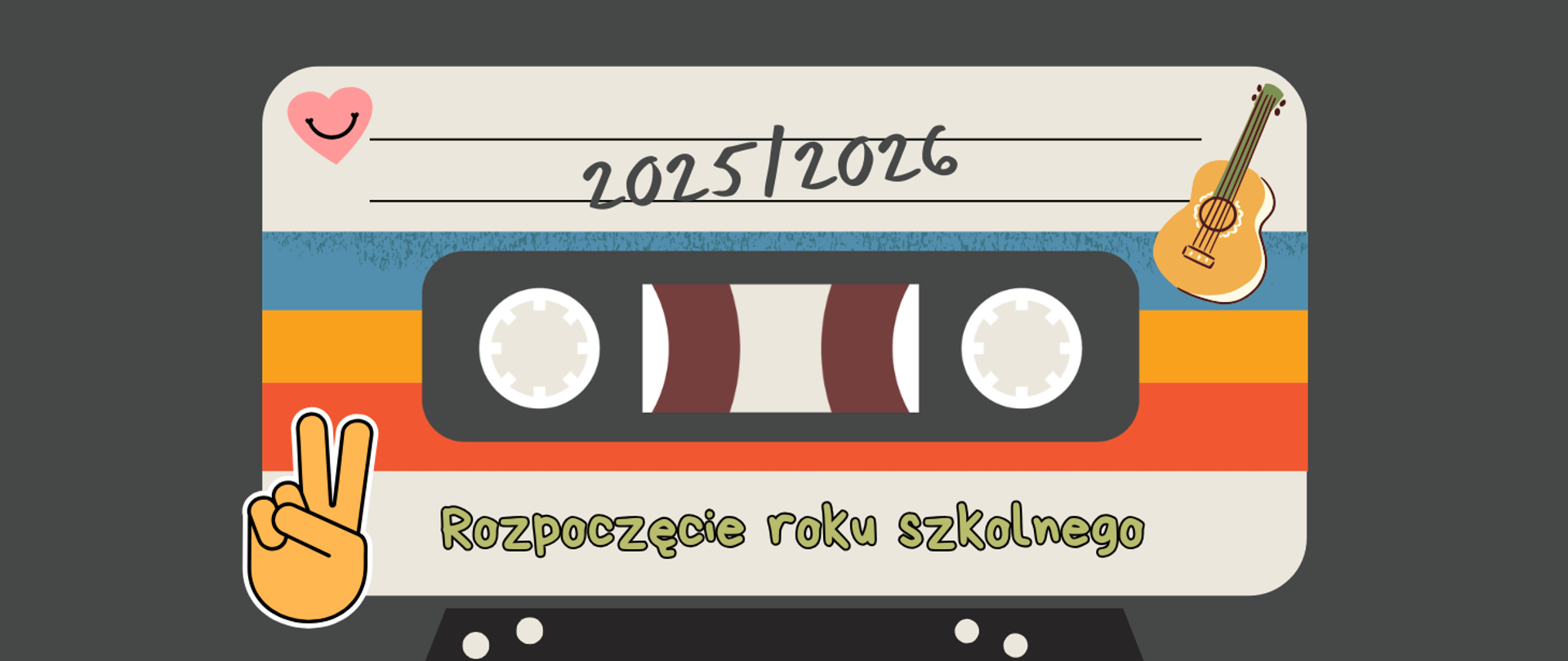 Grafika na grafitowym tle z motywem taśmy magnetofonowej i tekstem "Rozpoczęcie roku szkolnego 2025/2026"