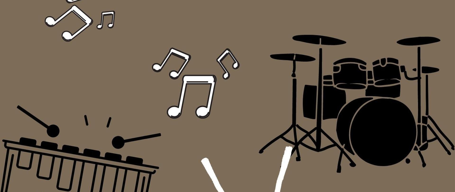 Grafika - afisz. Tło w górnej części brązowe z graficznymi elementami przedstawiającymi instrumenty perkusyjne, w środku pasek pomarańczowy z napisem KONCERT, dolna część szara, z napisami: w wykonaniu uczniów z klas perkusji Urszuli Przywary i Macieja moskala, czwartek, 9 lutego 2023 godz. 17.00, Sala Koncertowa im. Jerzego Kozarzewskiego. W dolnym lewym rogu logo PSM w Nysie. 