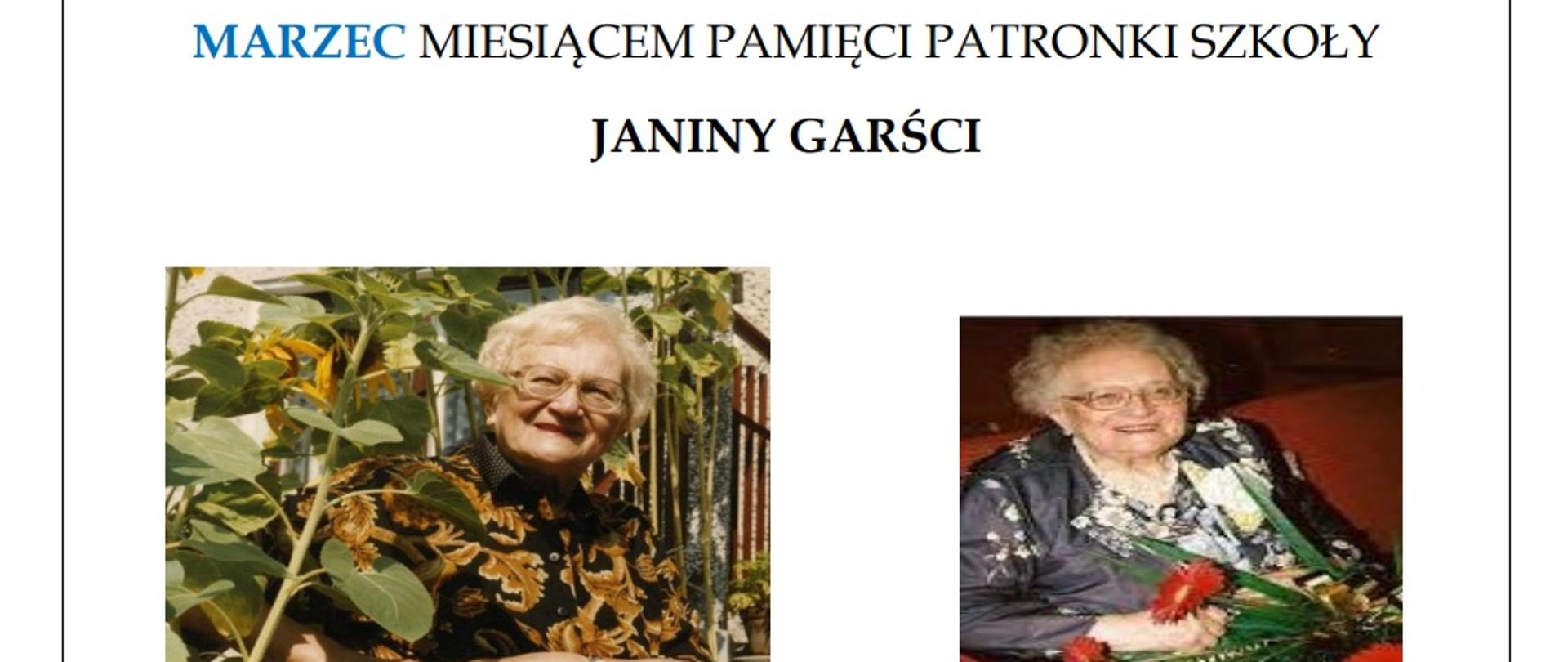 Na białym tle zdjęcia Janiny Garści oraz krótka biografia