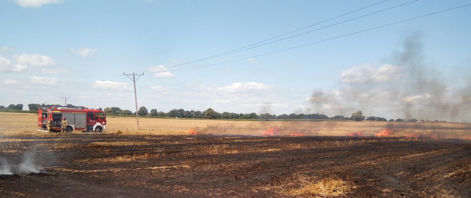 Zdjęcie przedstawia palące się ściernisko, w tle widać pojazd straży pożarnej.