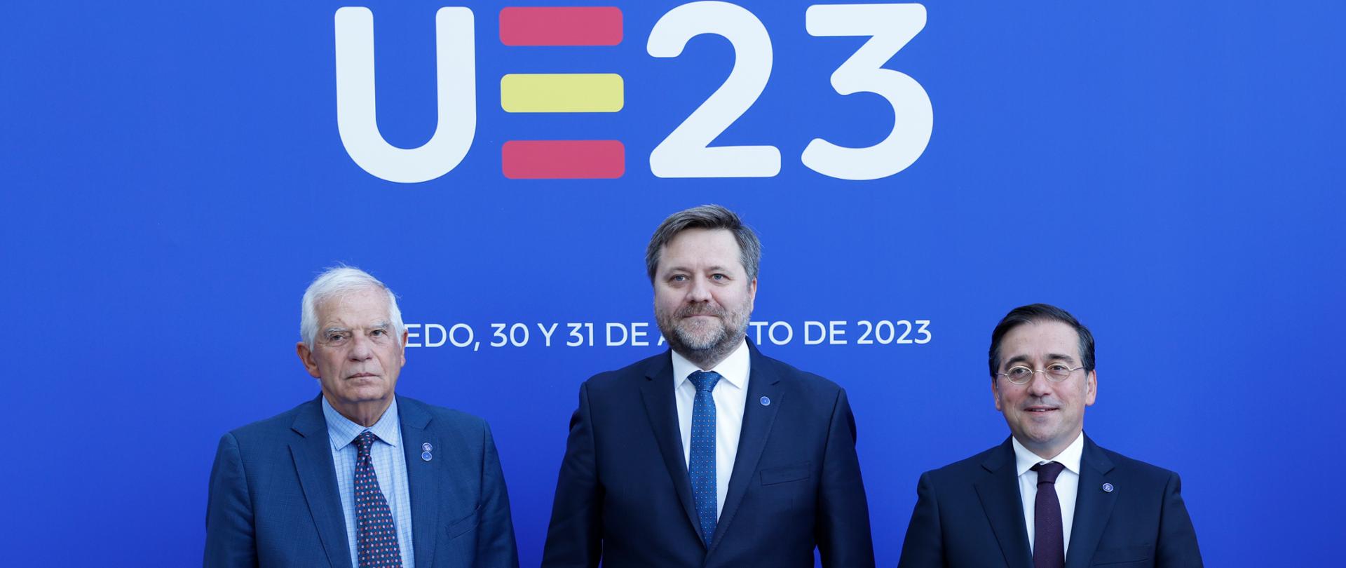 High Representative Josep Borrell and José Manuel Albares, Acting Minister for Foreign Affairs of Spain welcome the ministers and delegations before the start of the Informal Meeting of Foreign Affairs Ministers at Antigua Fábrica de Armas in Toledo. Spain on 31th August 2023. Pool PEUE/Julio Muñoz
