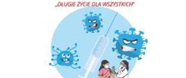 Zdjęcie przedstawia strzykawkę i wirusy oraz bakterie, a także pielęgniarkę, która szczepi kobietę