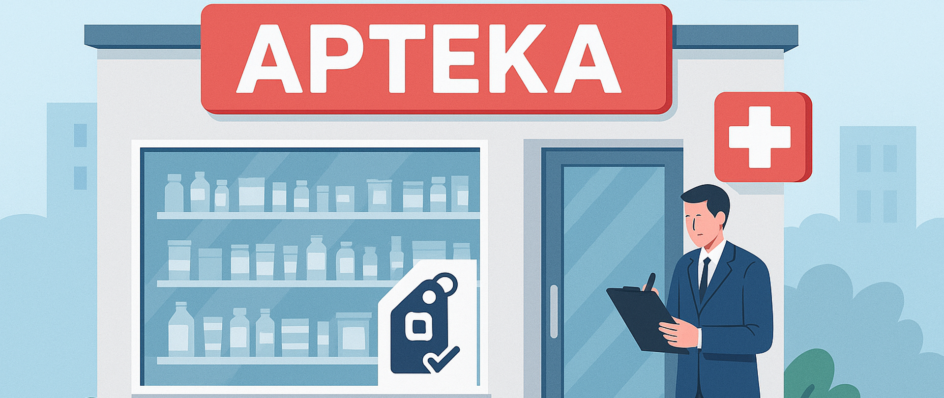 Infografika prezentująca budynek apteki i mężczyznę przed budynkiem, który coś notuje. 