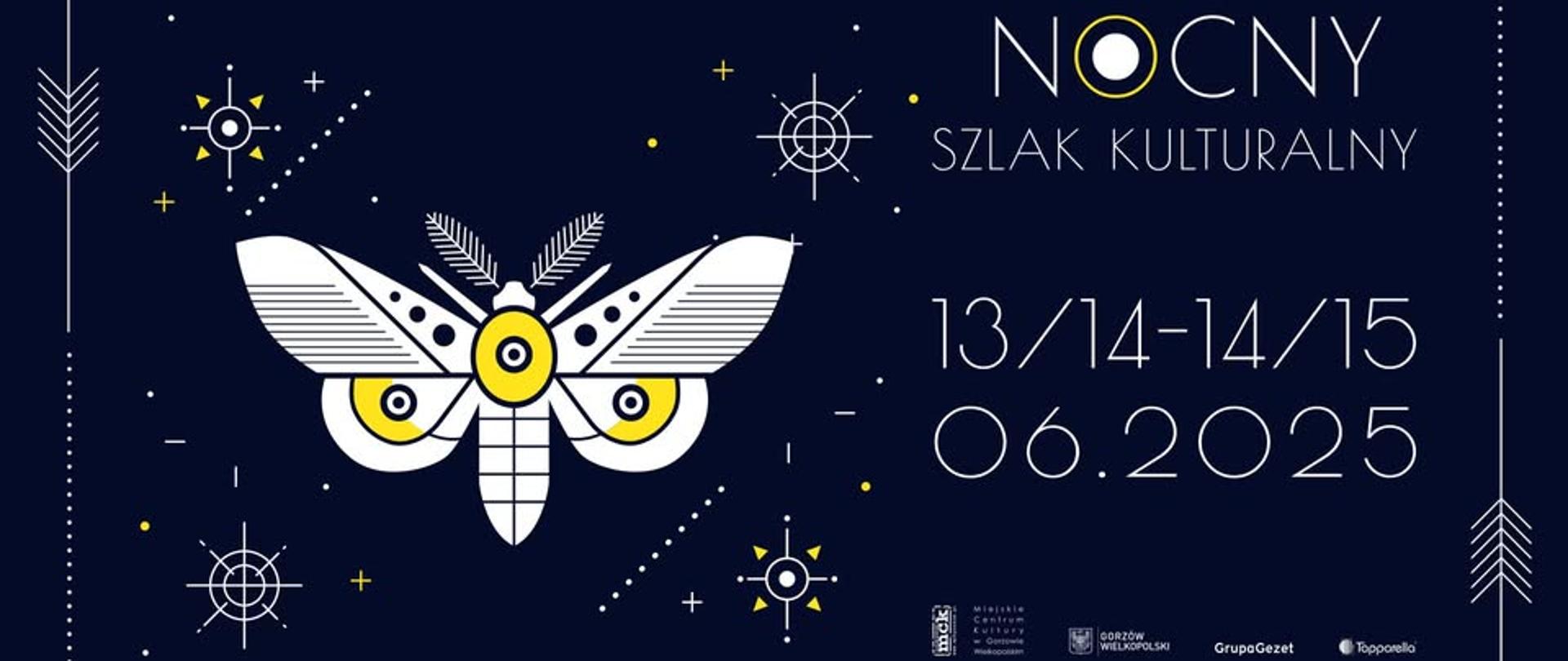 Grafika na granatowym tle z grafiką białej ćmy bardzo syntetycznie potraktowanej. W tle białe gwiazdki i napisy informacyjne.