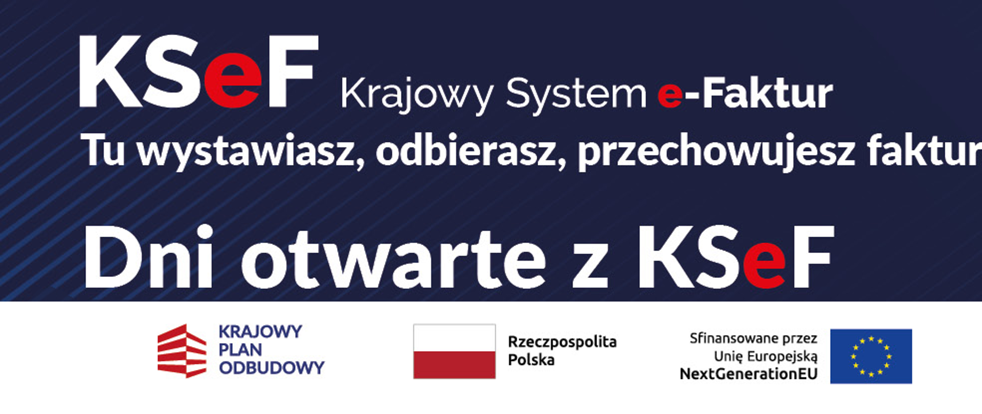 Biały napis Krajowy System e-Faktur. Dni otwarte z KSeF na granatowym tle.