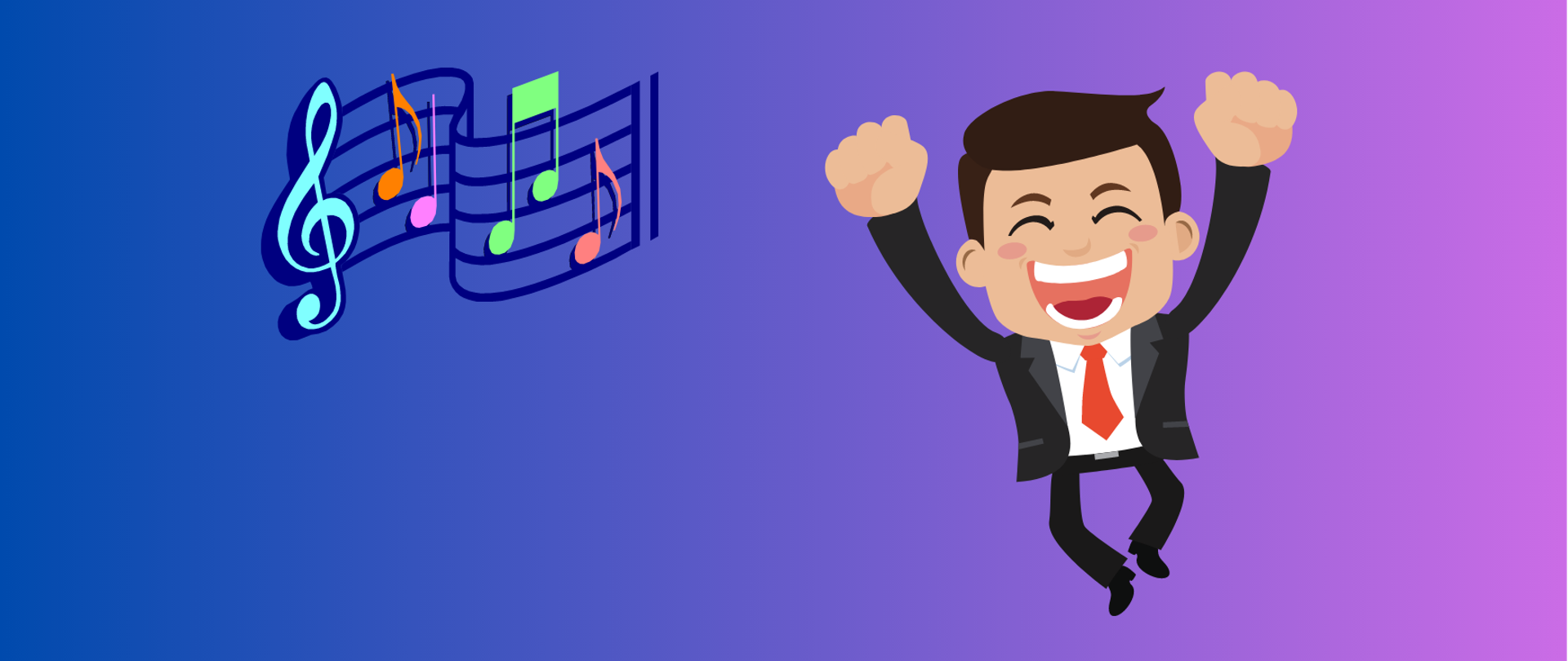 Grafika przedstawiająca cieszącego się ucznia oraz kolorowe nuty na pięciolinii, umieszczone na tle w tonacji fioletowe-niebieskiej.