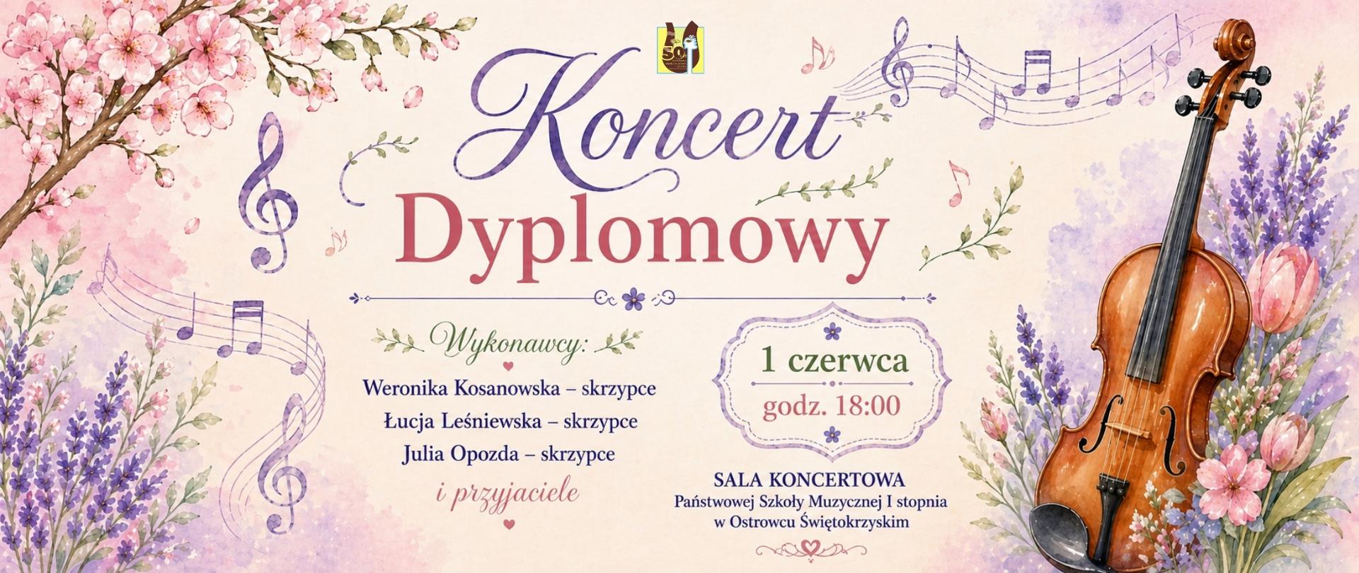 kolorowe kwiaty na tle kremowym. Poi prawej stronie skrzypce. litery w kolorze czerwonym i fioletowym