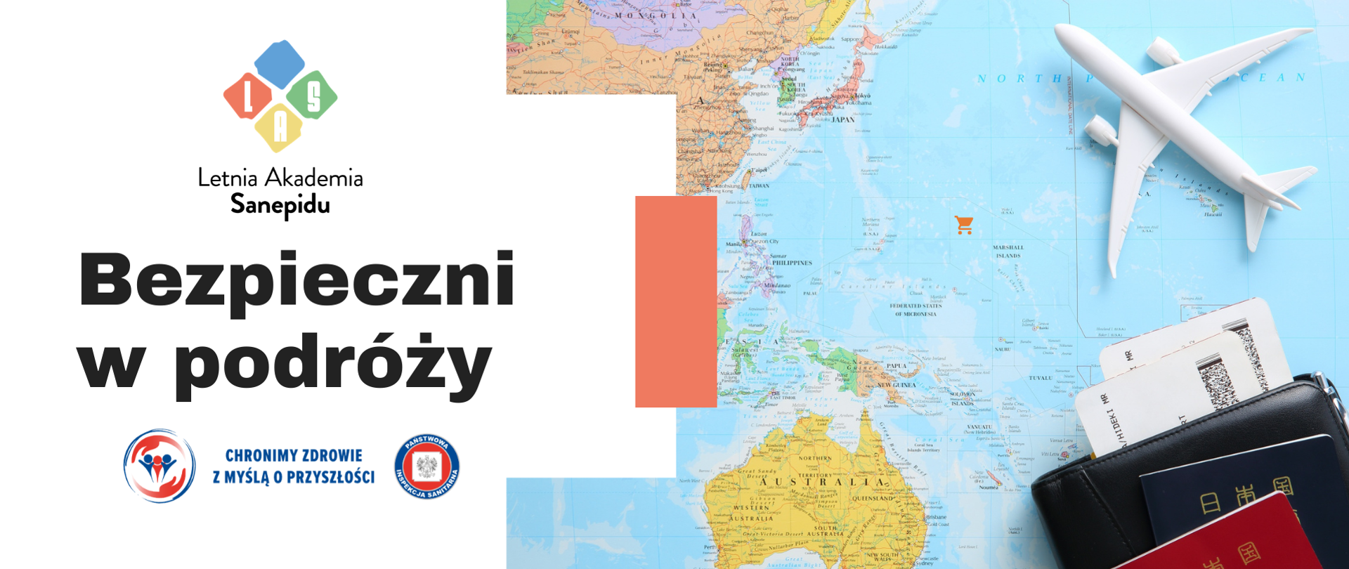 Grafika „Bezpieczni w podróży” przedstawiająca mapę świata, samolot oraz dokumenty podróżne z logo Państwowej Inspekcji Sanitarnej oraz Letniej Akademii Sanepidu