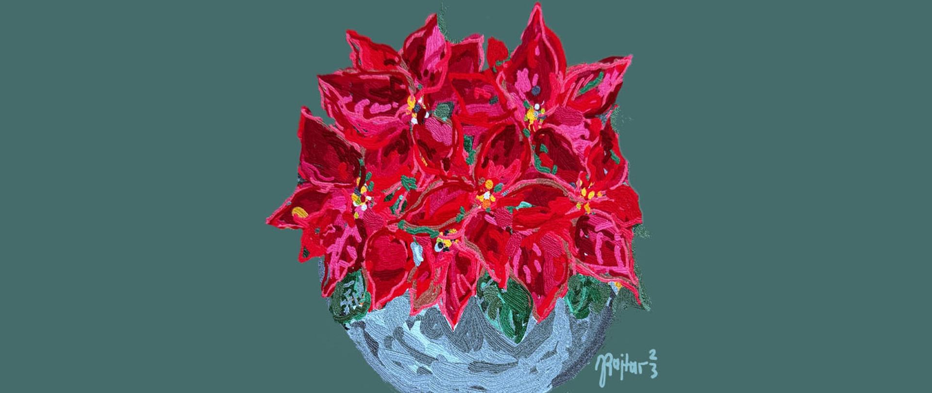 Grafika przedstawiająca bukiet kwiatów w kolorach świątecznych. U dołu grafiki podpis Rajtar