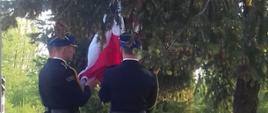 Zdjęcie przedstawia strażaków wciągających flagę na maszt oraz drzewa iglaste