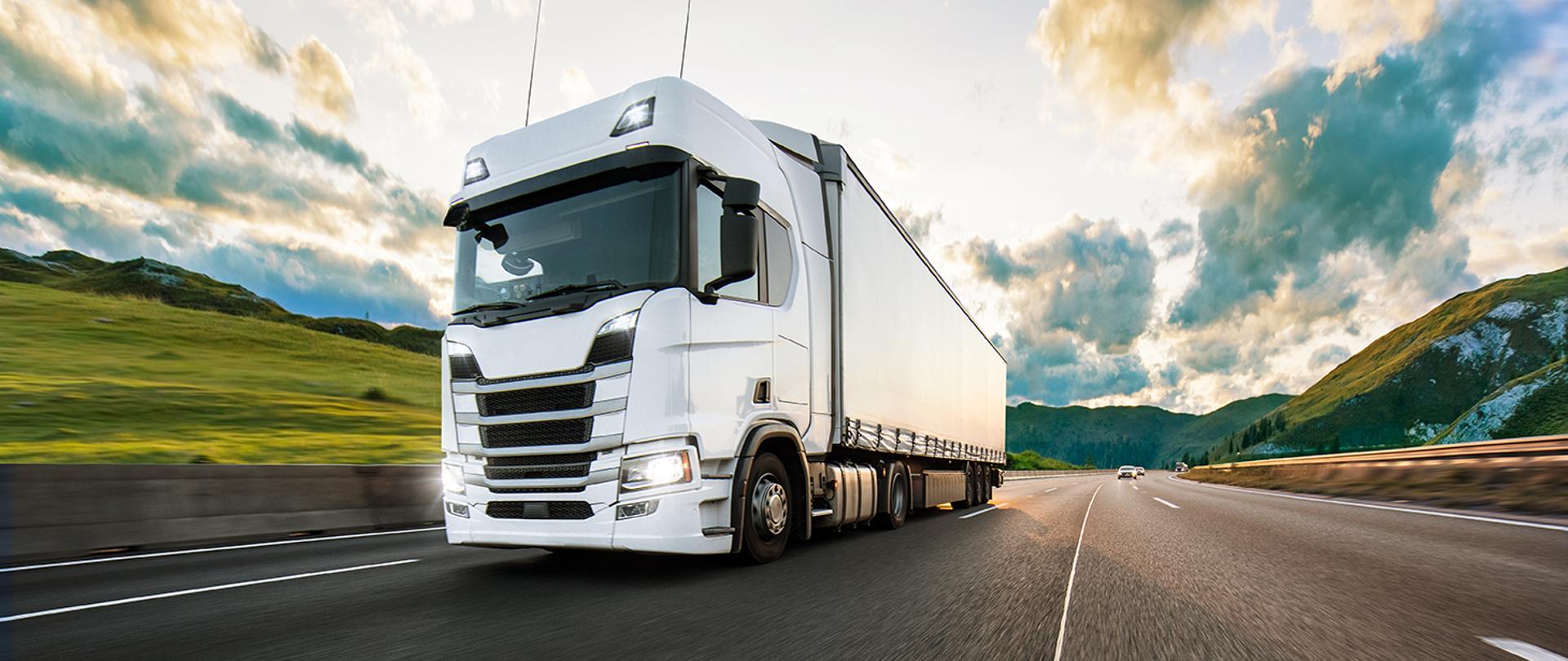 TIR na drodze na tle górskiego krajobrazu.
