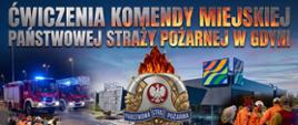 Plakat podsumowujący ćwiczenia strży pożarnej na rivierze. Widać na nim logo PSP, samochody strażackie oraz strażaków w ubraniach specjalnych.