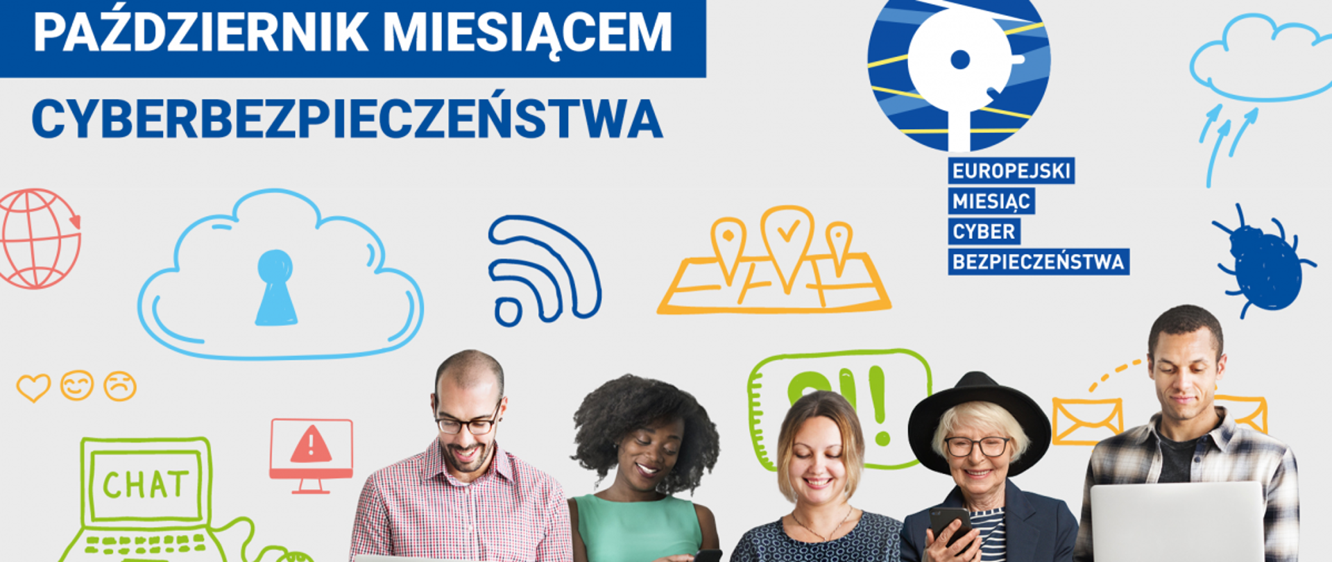 Plakat Pażdziernik miesiącem cyberbezpieczeństwa. Na grafice przedstawieni ludzie młodzi i starsi którzy używają różnych urządzeń - laptopa, tableta i smartphona.