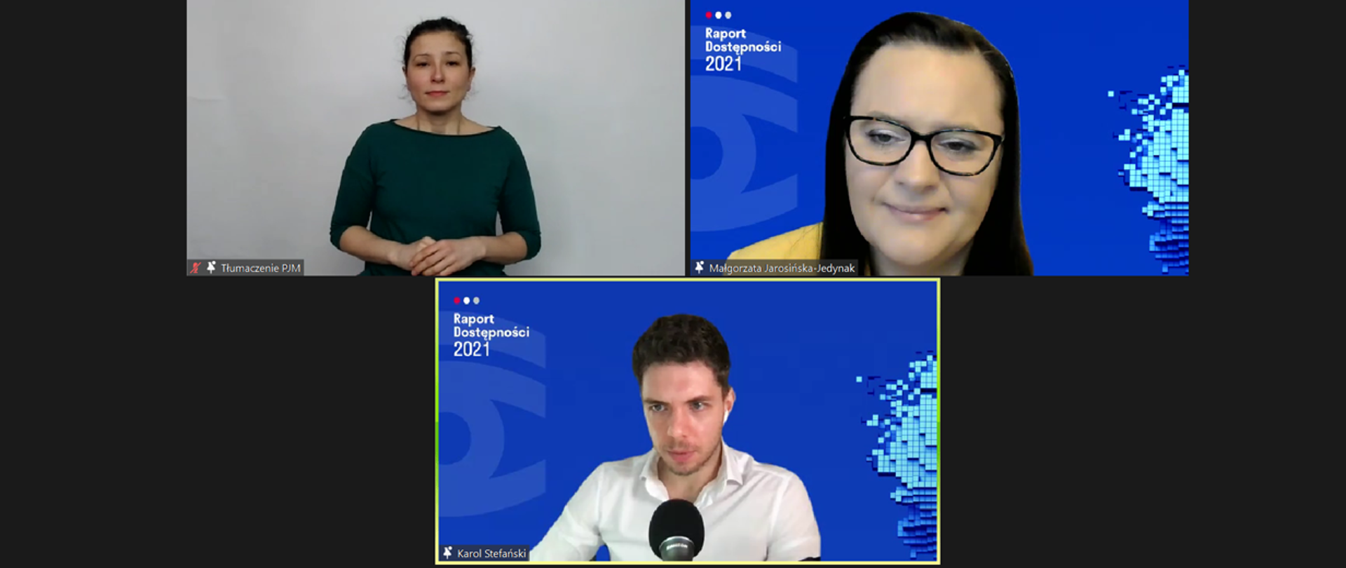 Zrzut ekranu z konferencji zoom. W oknach trzy osoby. Po prawej wiceminister Małgorzata Jarosińska-Jedynak.