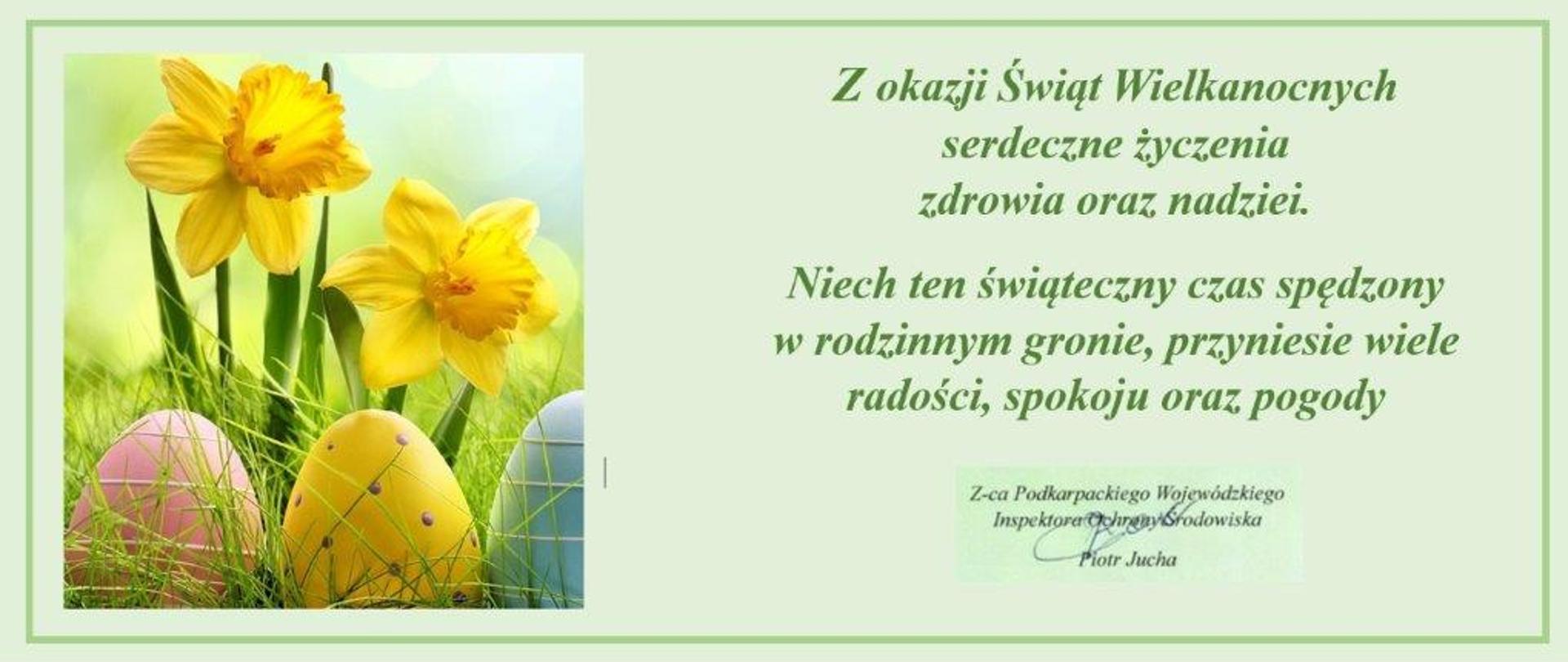 Kartka wielkanocna z życzeniami i obrazkiem przedstawiającym kwiaty krokusy i pisanki