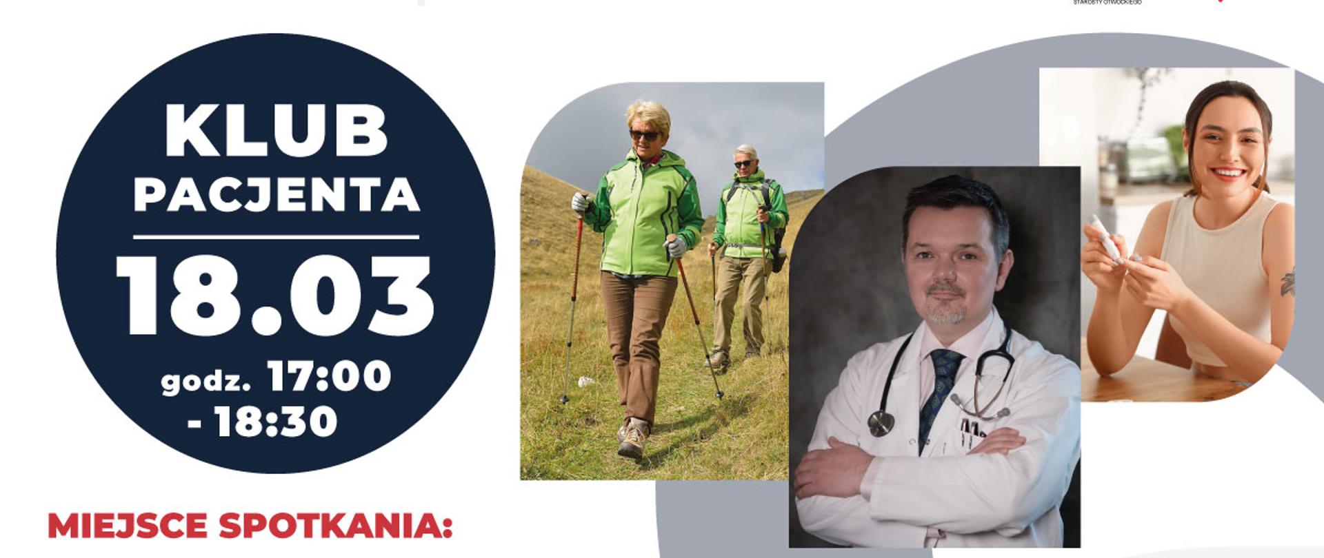 Plakat zaprasza na spotkanie z Klubem Pacjenta w Karczewie. Opisuje tematykę wykładów i rodzaje bezpłatnych badań które można wykonać podczas wydarzenia.