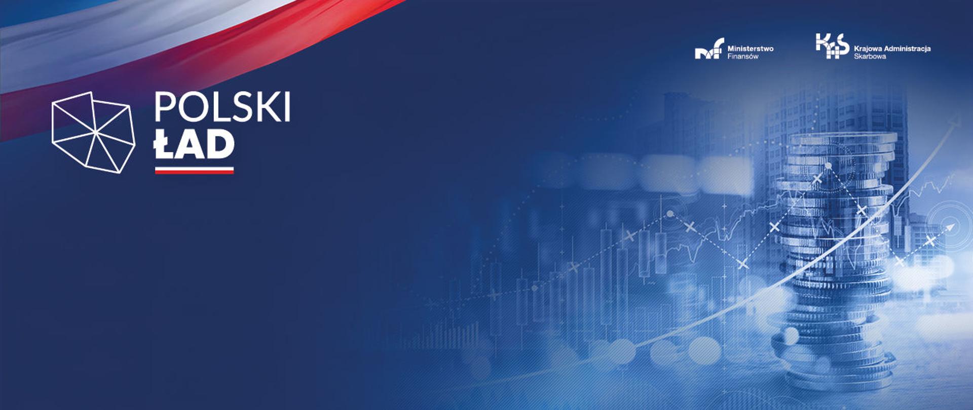 Grafika Polski Ład, monety i wykresy.