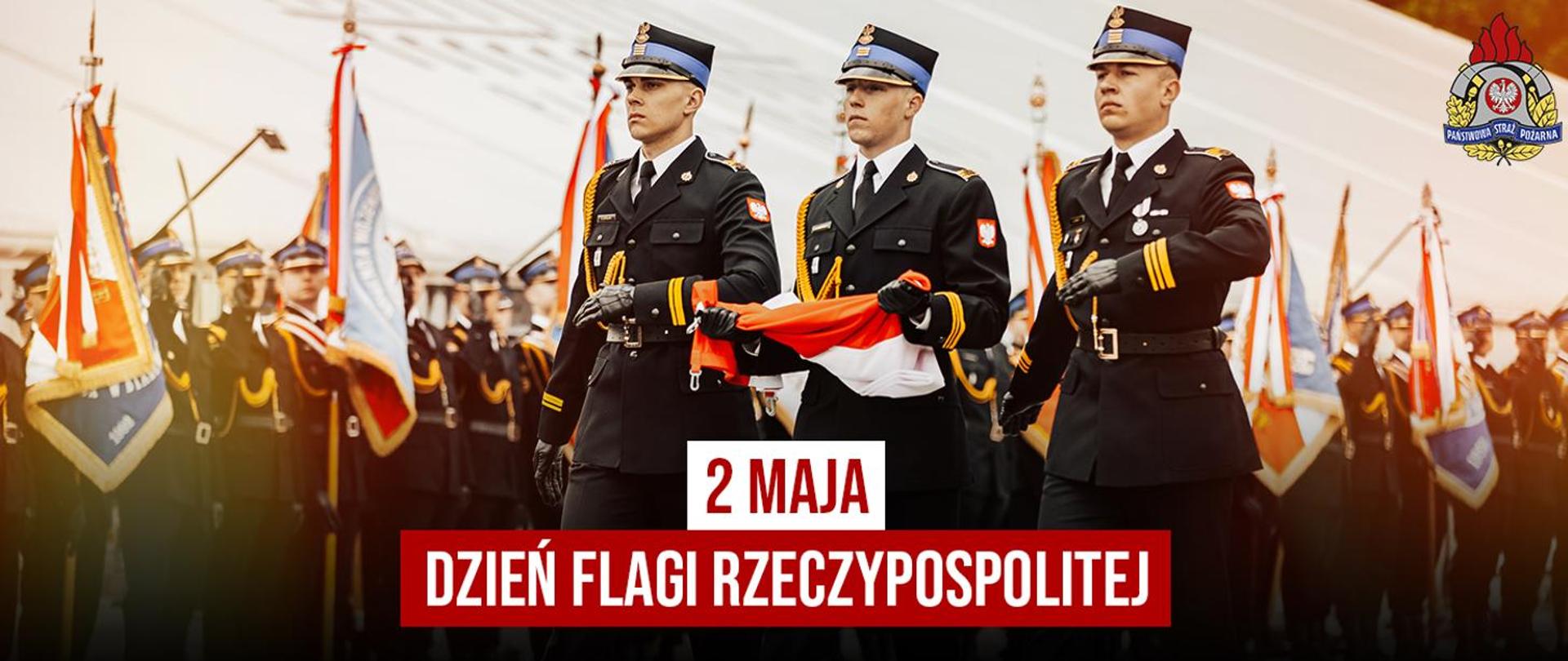 Grafika z napisem 2 Maja Dzień Flagi Rzeczypospolitej i pocztem flagowym. 