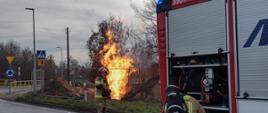 Na zdjęciu widoczni są strażacy oraz samochód ratowniczo gaśniczy. Na drugim planie widoczne są płomienie palącego się gazu.