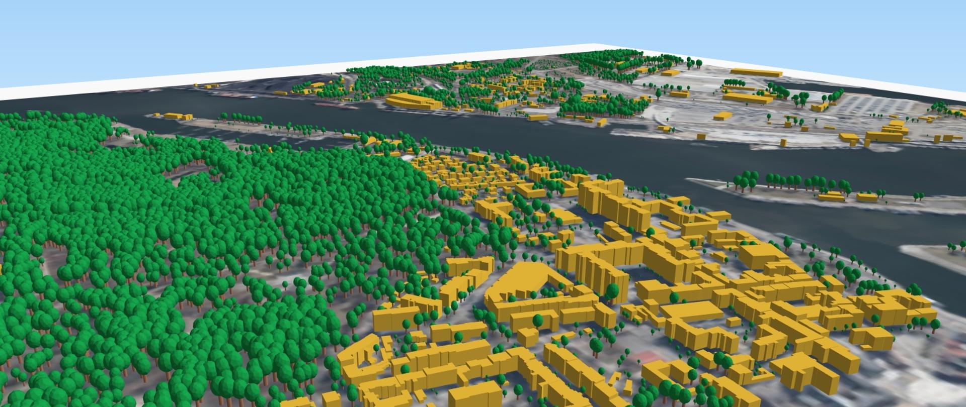 zrzut przedstawia wygenerowane modele 3D drzew wraz z modelami 3D budynków dla Świnoujscia
