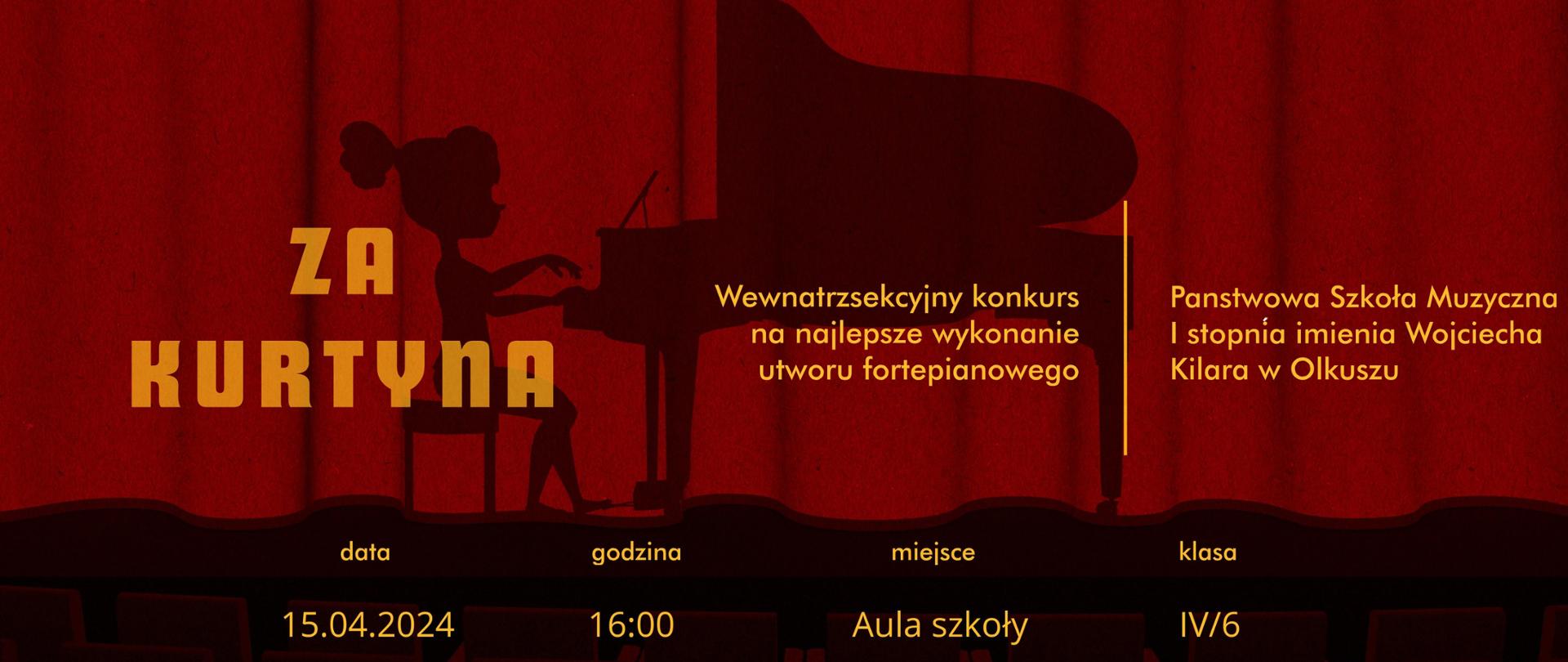 Czerwone tło, żółte napisy, cień fortepianu i pianistki