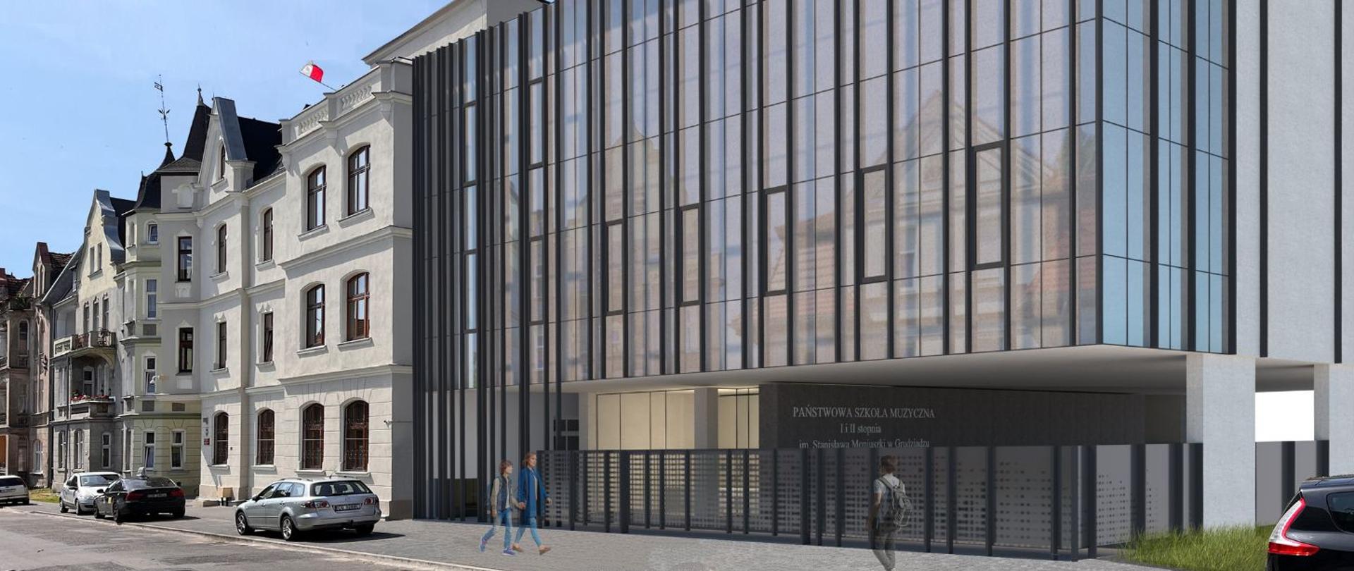 Wizualizacja projektu sali koncertowej Państwowej Szkoły Muzycznej I i II stopnia w Grudziądzu, po lewej obecny budynek szkoły