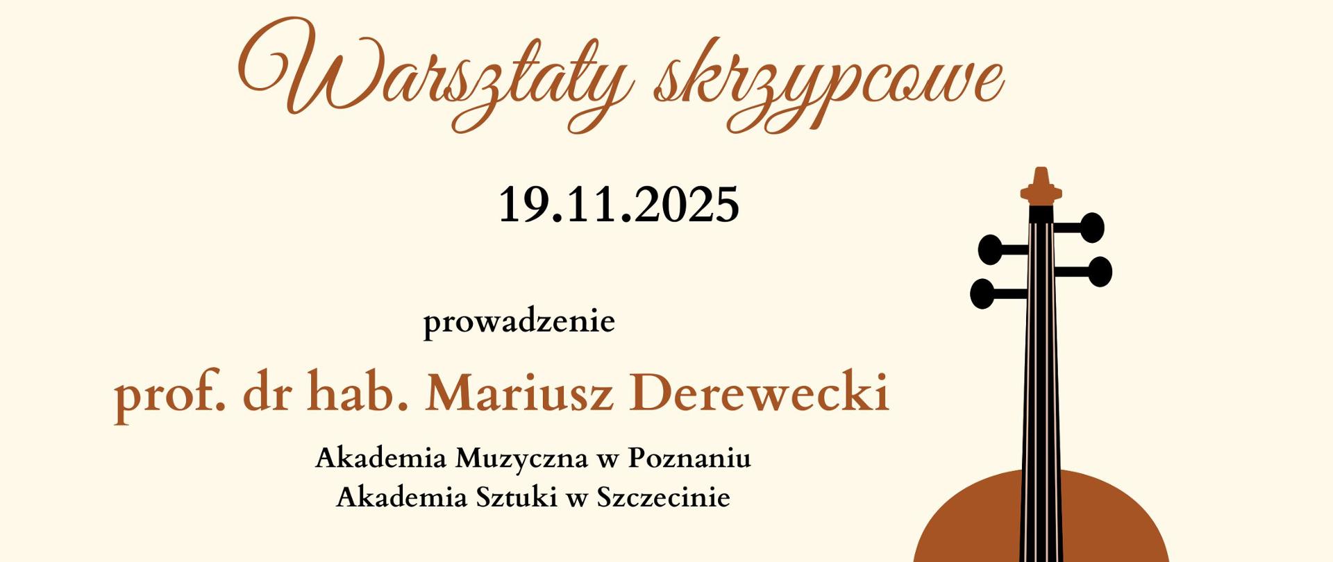 plakat Warsztatów skrzypcowych na jasnym tle z grafiką przedstawiającą wijącą się pięciolinię z nutkami na górze i skrzypcami na dole