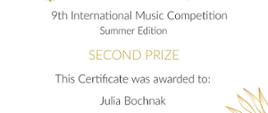 Dyplom drugiej nagrody w kategorii zaawansowanej fortepianu otrzymała Julia Bochnak w dziewiątym Międzynarodowym Konkursie Muzycznym VIRTU CLASSIC w edycji letniej w lipcu dwa tysiące dwudziestego czwartego roku w formie online.