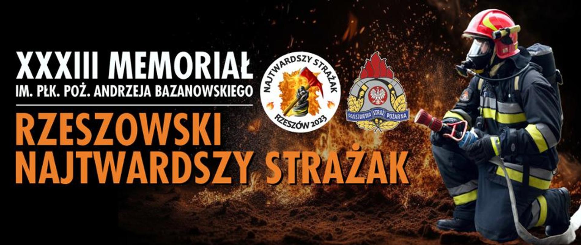 Grafika przedstawia strażaka w umundurowaniu bojowym oraz informacje nt. memoriału.