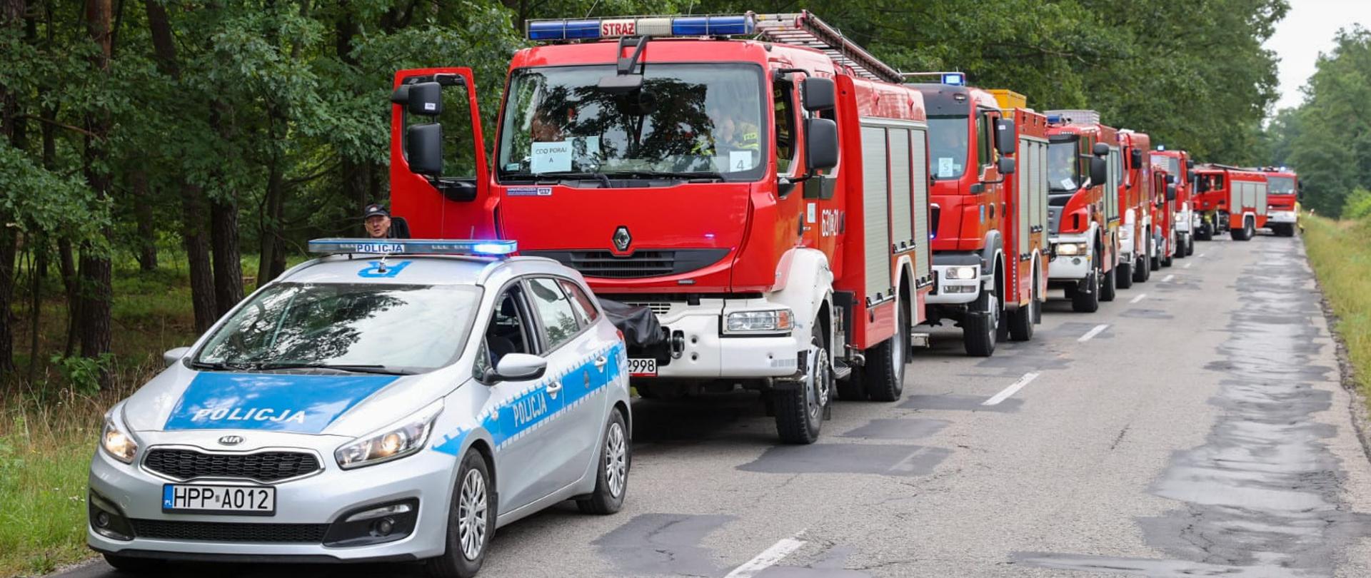 Droga asfaltowa wzdłuż lasu z zaparkowanymi na jezdnym z pasów jezdni samochodami pożarniczymi. Na pierwszym planie radiowóz policji stojący przed kolumną pojazdów strażackich.