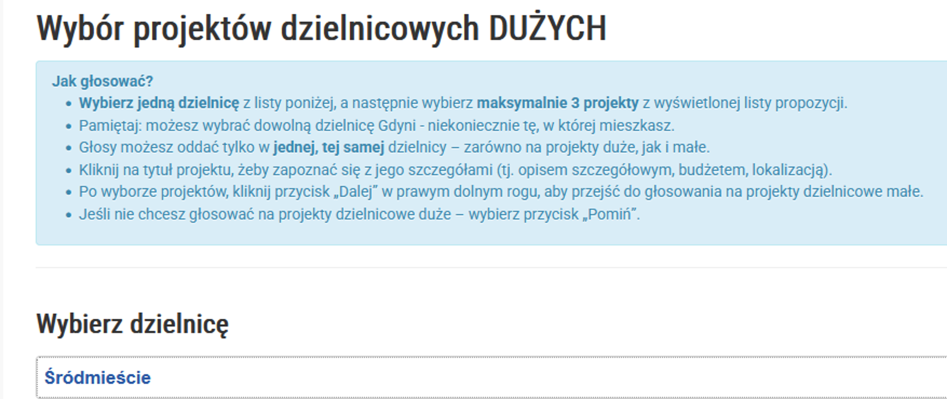 Przedstawiona jest instrukcja głosowania w budżecie obywatelskim. Na górze duży czarny napis Wybór projektów dzielnicowych Dużych. Poniżej instrukcja napisana na niebieskim tle.