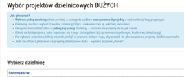 Przedstawiona jest instrukcja głosowania w budżecie obywatelskim. Na górze duży czarny napis Wybór projektów dzielnicowych Dużych. Poniżej instrukcja napisana na niebieskim tle.