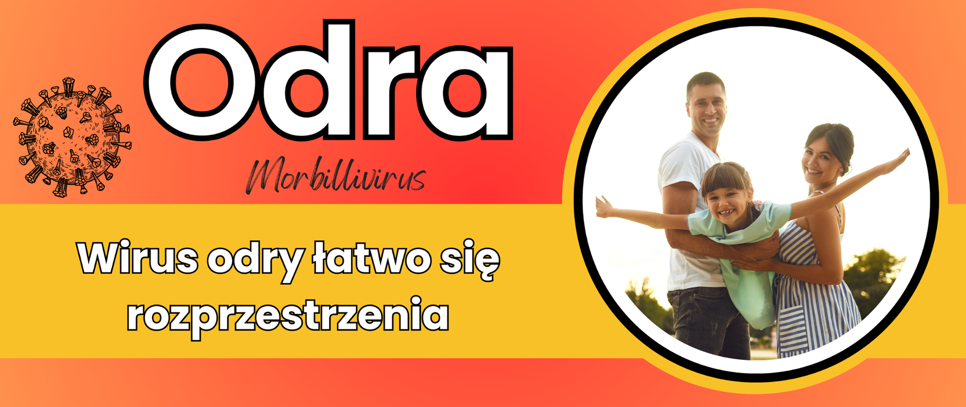 NAPIS: ODRA MORBILLIVIRUS. Wirus odry łatwo się rozprzestrzenia. oraz grafika przedstawia szczęśliwą, zaszczepioną rodzinę