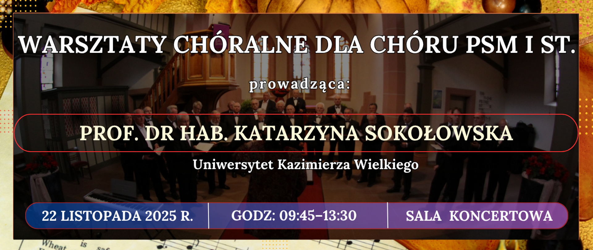 baner z jasną ramką ciemny środek z półprzezroczystym śpiewającym chórem oraz informacja o wydarzeniu