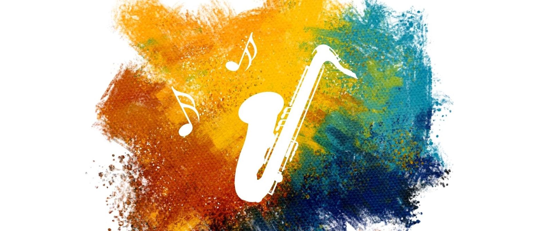 Na białym tle od góry na środku na kolorowym tle (efekt kolorowej plamy namalowanej szerokim pędzlem) biała grafika saksofonu i nutek. Poniżej informacje dotyczące wydarzenia zapisane w czarnymi literami: popis klasy saksofonu pana Roberta Matuszewskiego, akompaniament Edyta Szymańska, 20 czerwiec godz. 17.00 sala koncertowa PSM I st. w Kępnie, serdecznie zapraszamy.