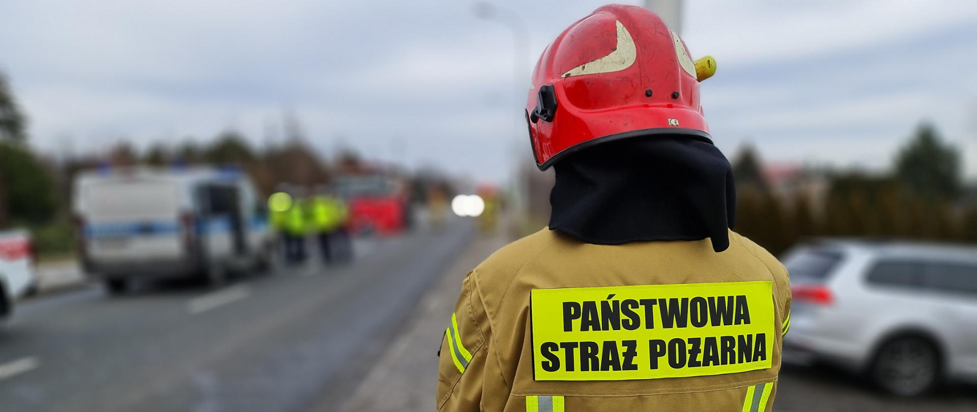 Strażak Państwowej Straży Pożarnej w ubraniu specjalnym