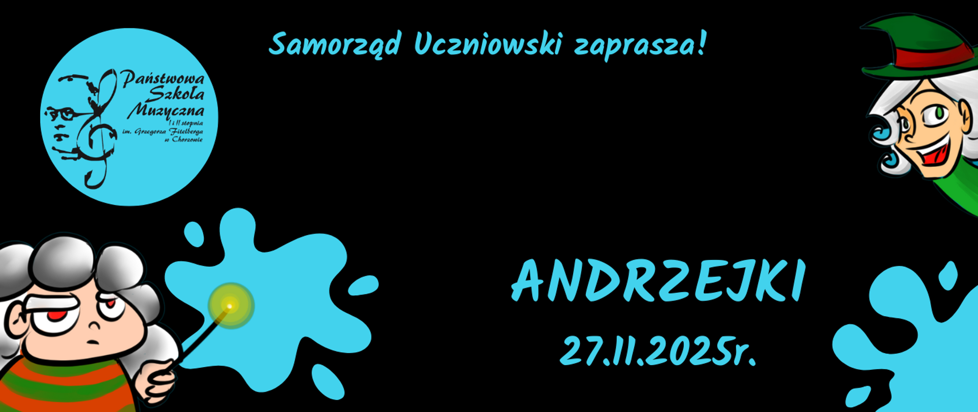 Napis Samorząd uczniowski zaprasza na andrzejki w dniu 27.11.2025