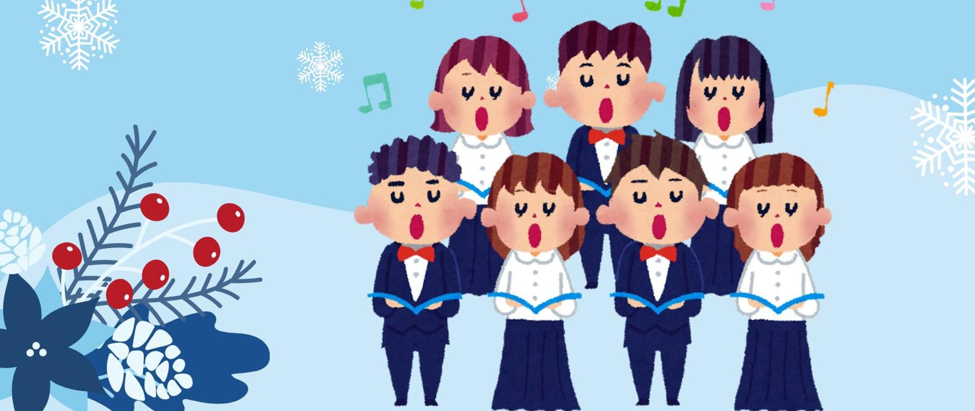 Plakat o niebieskim tle z białymi płatkami śniegu, na dole chór 7 śpiewających dzieci, w środku informacje na temat koncertu