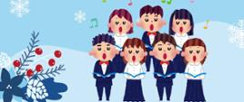 Plakat o niebieskim tle z białymi płatkami śniegu, w centralnej części chór 7 śpiewających dzieci