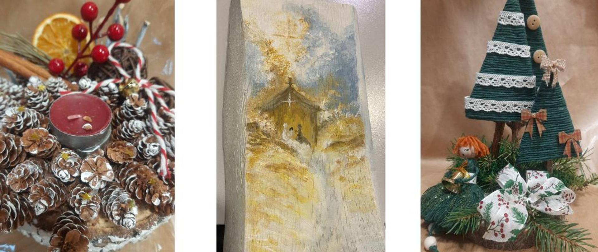 Zdjęcie złożone z trzech mniejszych zdjęć. Na zdjęciu z lewej strony jest stroik świąteczny z szyszek ułożonych na plastrze drewna. Szyszki są oprószone białą farbę. Pośrodku jest mała czerwona świeczka, a z tyłu widać plaster pomarańczy, laskę cynamony, biało-czerwoną kokardkę oraz gałązkę z czerwonymi owocami. Na środkowym zdjęciu jest obrazek małej szopki na złoto - biało - niebieskim tle.
Stroik z prawej strony jest zielono - biały. Trzy choinki ze sznurka są ozdobione koronką kokardkami i guzikami. Pod nimi siedzi zielony ludzik z dzwoneczkiem w dłoniach, są gałązki świerkowe i kolorowa kokardka.