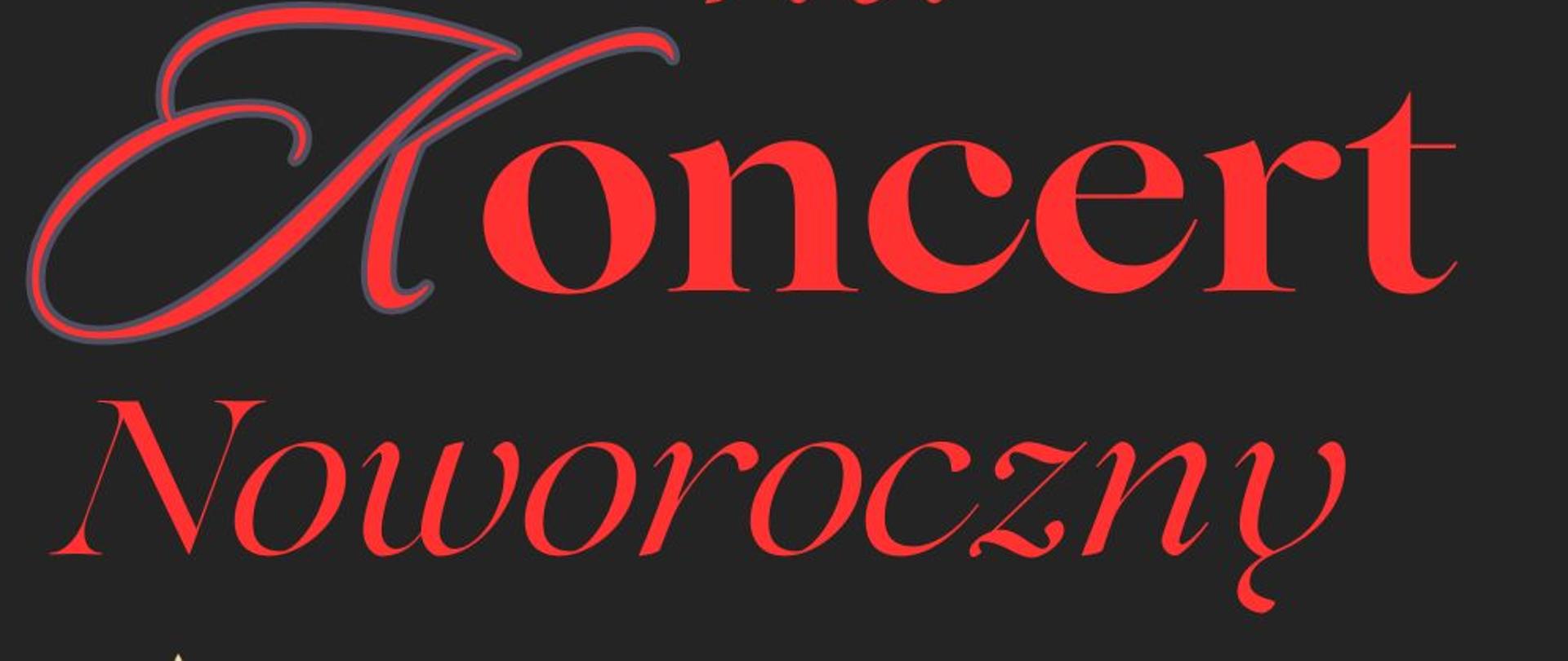 Czarne tło, czerwony napis informacje o koncercie noworocznym akordeonistów