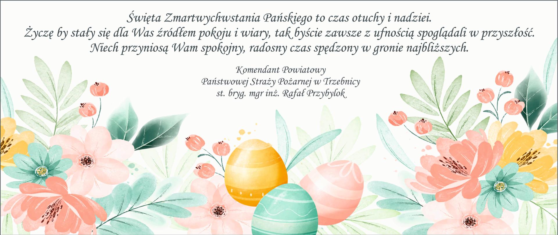 Życzenia świąteczne na tle wielkanocnym. Na dole strony kwiaty i pisanki