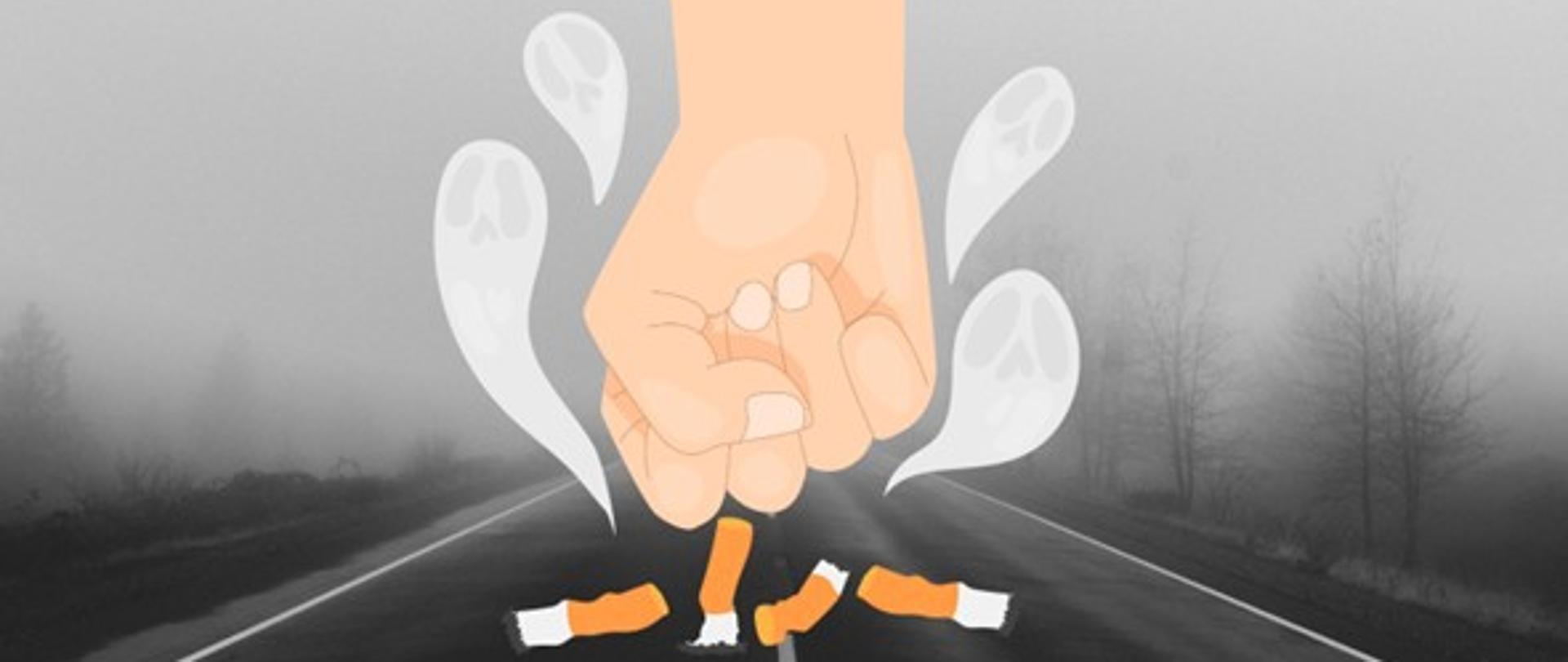 Grafika Światowy Dzień Rzucania Palenia. Przedstawia dłoń miażdżącą wypalone papierosy na tle zamglonej drogi