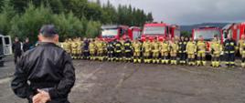 Zdjęcie przedstawia moment odprawy przed ćwiczeniami strażaków jednostek Ochotniczych Straży Pożarnych stojących w szeregu przed samochodami i strażaków Komendy Powiatowej Państwowej Straży Pożarnej w Lwówku Śląskim.