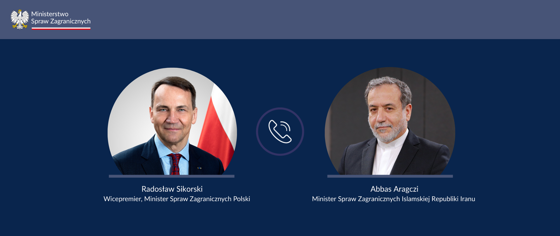 Grafika informująca o rozmowie telefonicznej: wizerunki Radosława Sikorskiego, wicepremiera i ministra spraw zagranicznych Polski, oraz Abbasa Aragcziego, ministra spraw zagranicznych Islamskiej Republiki Iranu. Mężczyźni przedtawieni na obu portretach mają na sobie formalne garnitury.