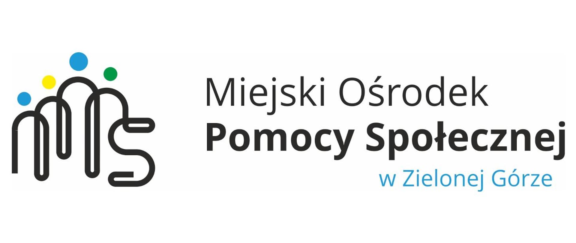Po lewej stronie logo zbudowane z zaokrąglonych kresek w kształcie ludzi z kolorowymi głowami. Po prawej napis Miejski Ośrodek Pomocy Społecznej w Zielonej Górze.