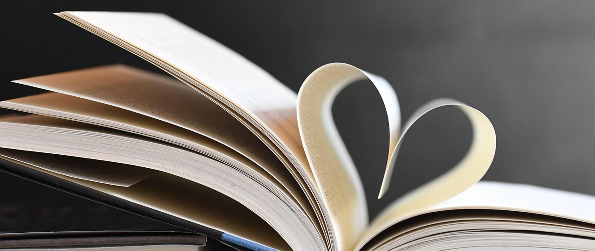 Rozłożone książki na stole, strony złożone w serduzko