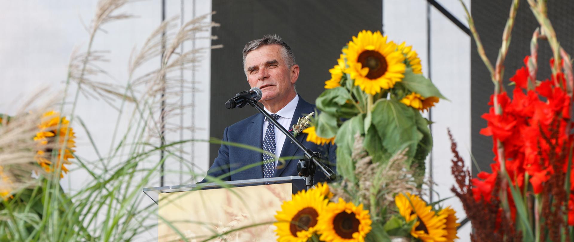 Wojewoda lubelski Lech Sprawka przemawia podczas Dożynek Wojewódzkich 2023.