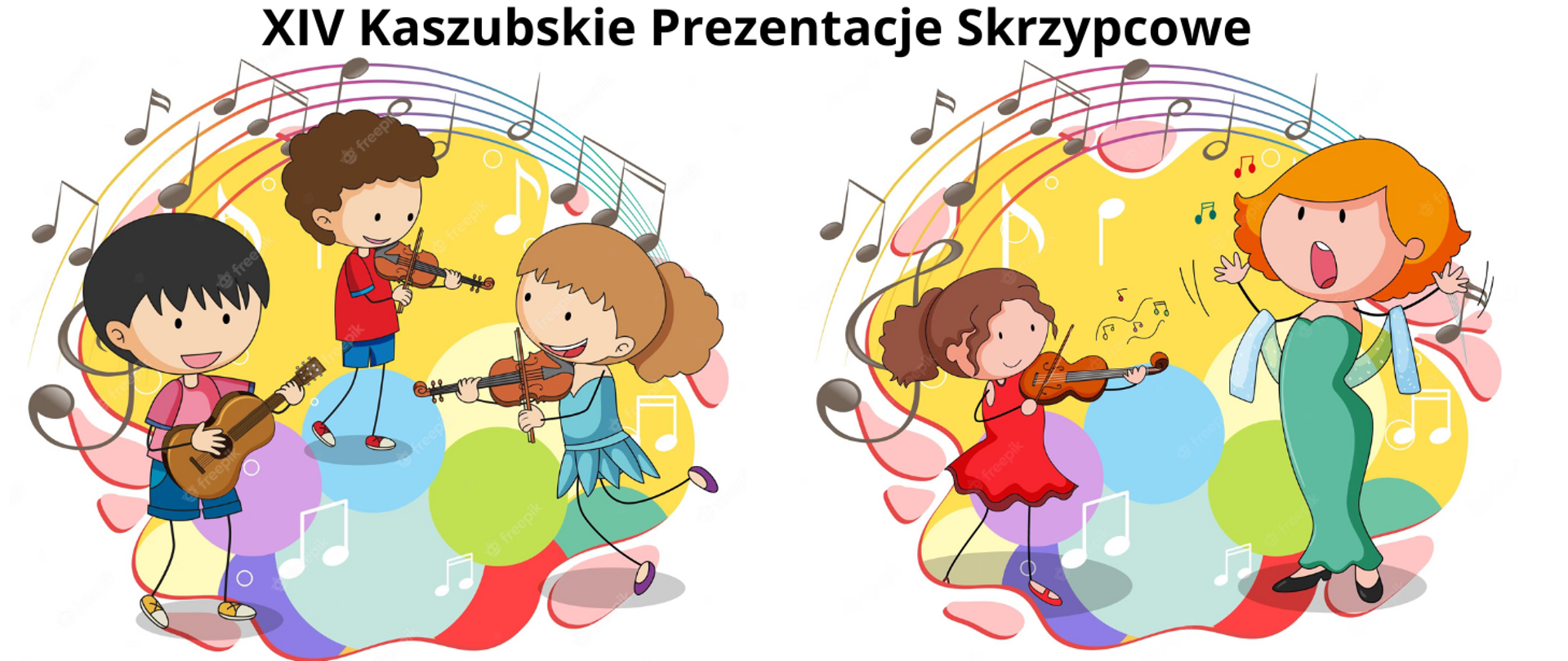 Na białym tle dwa obrazki z motywem skrzypcowym. Po lewej stronie Trio dzieci: dwóch chłopców i jedna dziewczynka. Dziewczyna i chłopiec grają na skrzypcach, a jeden chłopiec na gitarze. Nad dziećmi pięciolinia z nutami. Po prawej stronie dziewczynka w czerwonej sukience i brązowych włosach gra na skrzypcach, a obok stoi dziewczyna w zielonej długiej sukience i pomarańczowych włosach, która śpiewa. Na nimi pięciolinia z nutami.